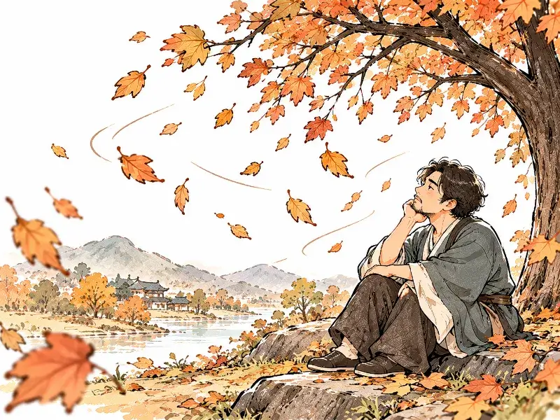 Illustration of Pungsujitan, a Korean idiom symbolizing filial regret, showing a middle-aged man sitting beneath an autumn tree as wind shakes its branches and fallen leaves drift through the air.