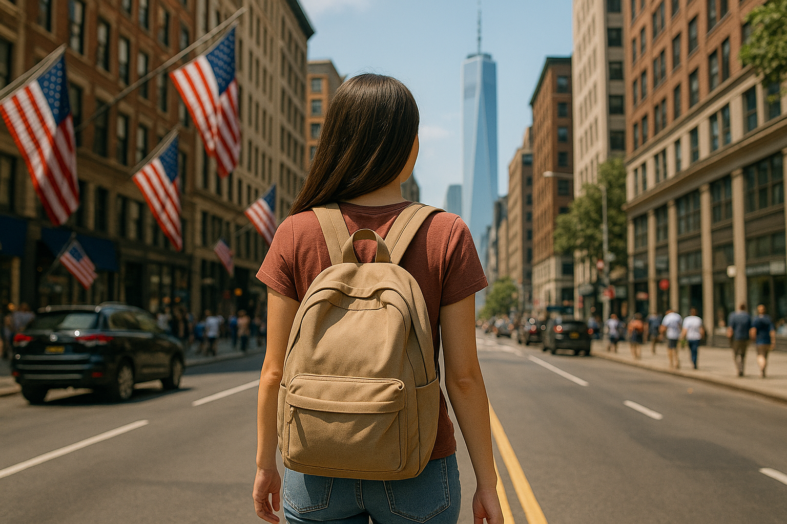 미국 뉴욕거리를 다니는 배낭족 여학생