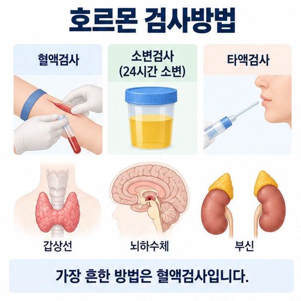 호르몬 검사방법이라는 제목과 혈액 채취, 소변검사, 타액검사, 내분비기관을 함께 표현한 대표 이미지