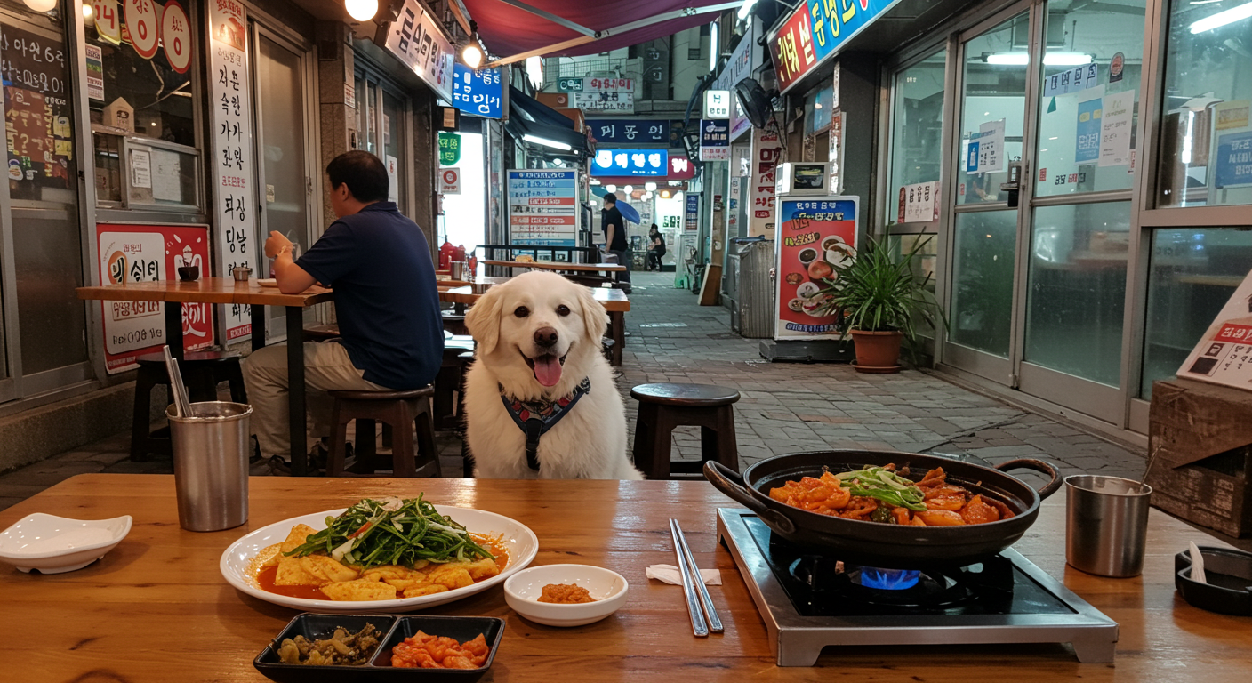 강릉 중앙시장 야외 테라스에서 반려견과 식사하는 한국인 가족