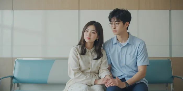 병원 복도 벤치에 함께 앉음