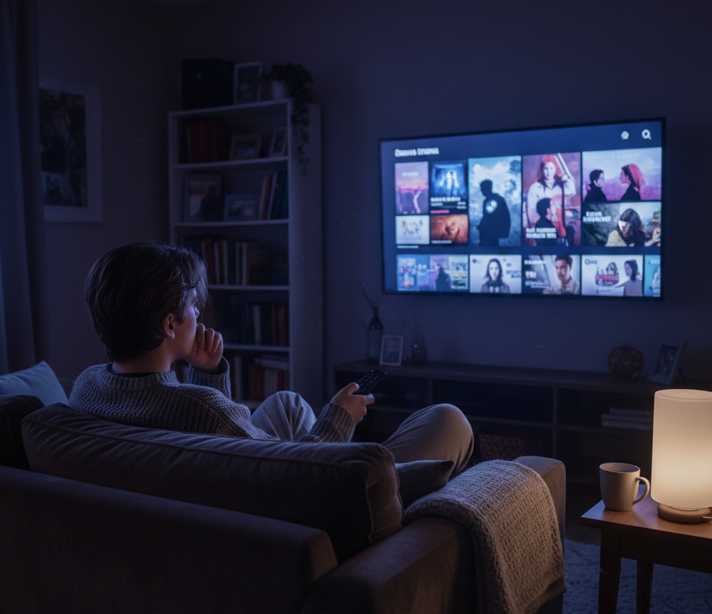 거실에서 리모컨을 들고 드라마 선택을 망설이는 저녁 시간의 장면