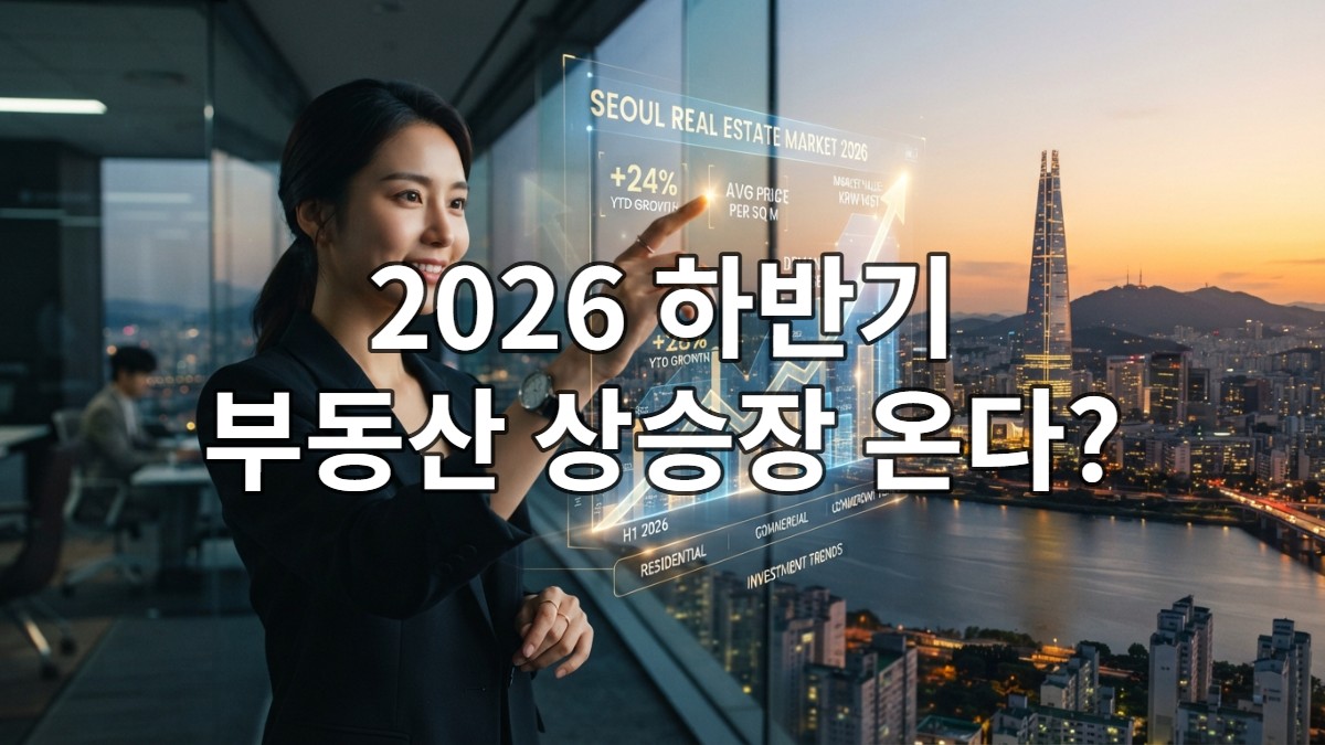 2026년 하반기 부동산 시장의 상승 곡선을 보여주는 미래 지향적인 데이터 시각화와 서울 도시 풍경