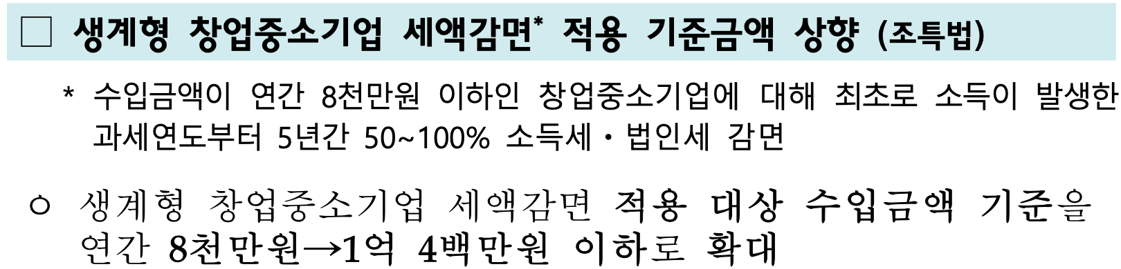 기획재정부 [2025 세제개편안] - 생계형 창업중소기업 세액감면 기준금액 상향