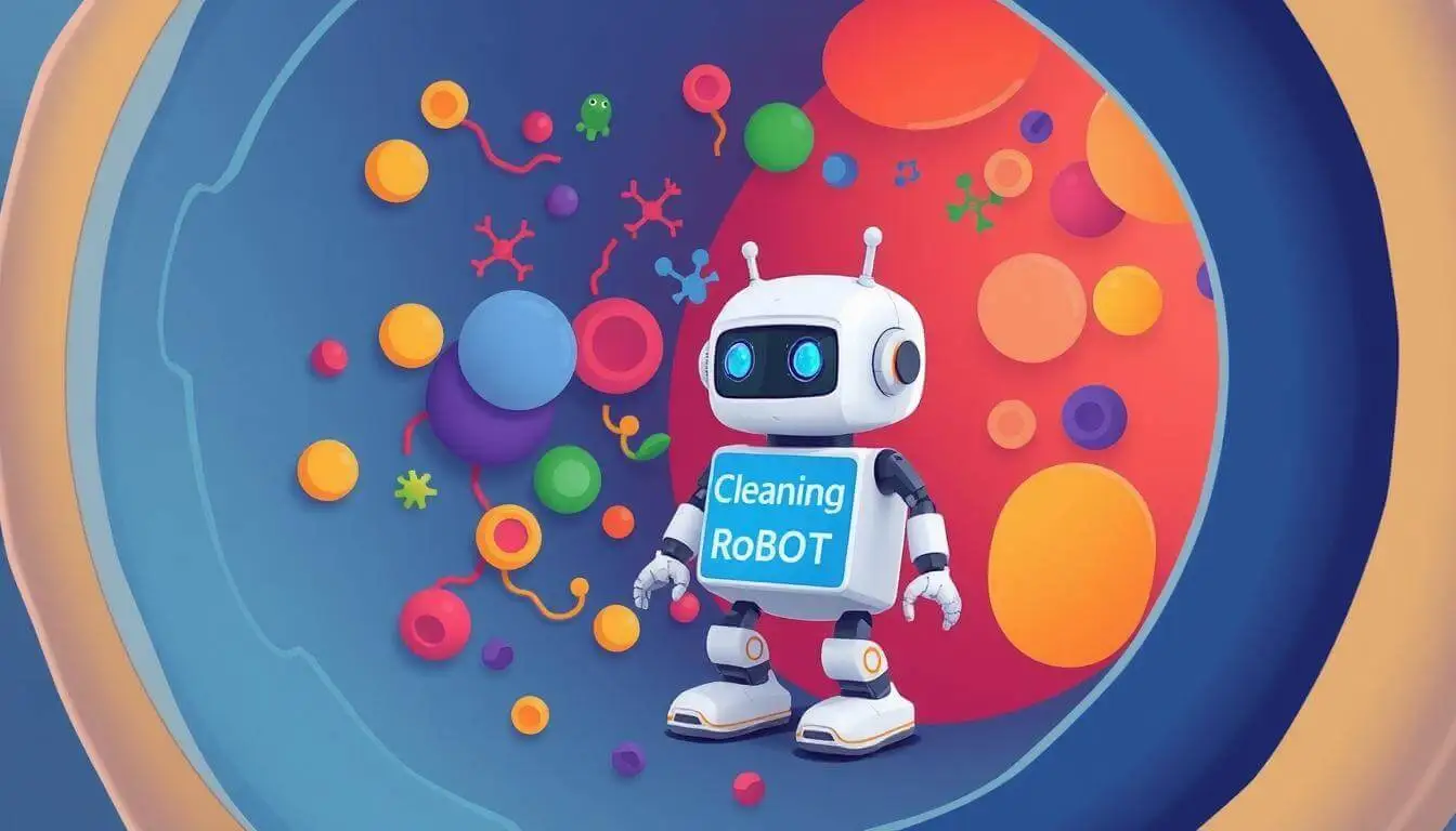 세포 내부에서 'Cleaning Robot'이라 적힌 작은 로봇이 세포 내부를 청소하는 모습을 표현한 디지털 일러스트, 자가포식 과정을 상징함