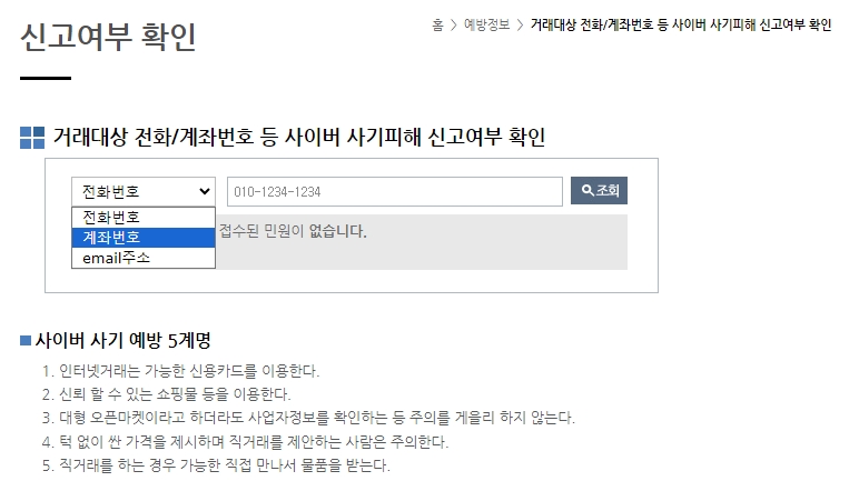 사기 피해 접수 건수 및 상세 신고 내역이 화면에 표시된 결과 창