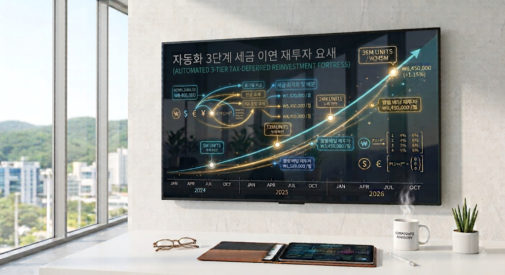 세련된 모던 오피스 데스크 위에 놓인 태블릿 PC 화면에 선명하게 찍힌 퇴직금 1억 원 기반 연금저축 600만 + IRP 300만 + ISA 복리 재투자 및 자산 스노우볼 시뮬레이션