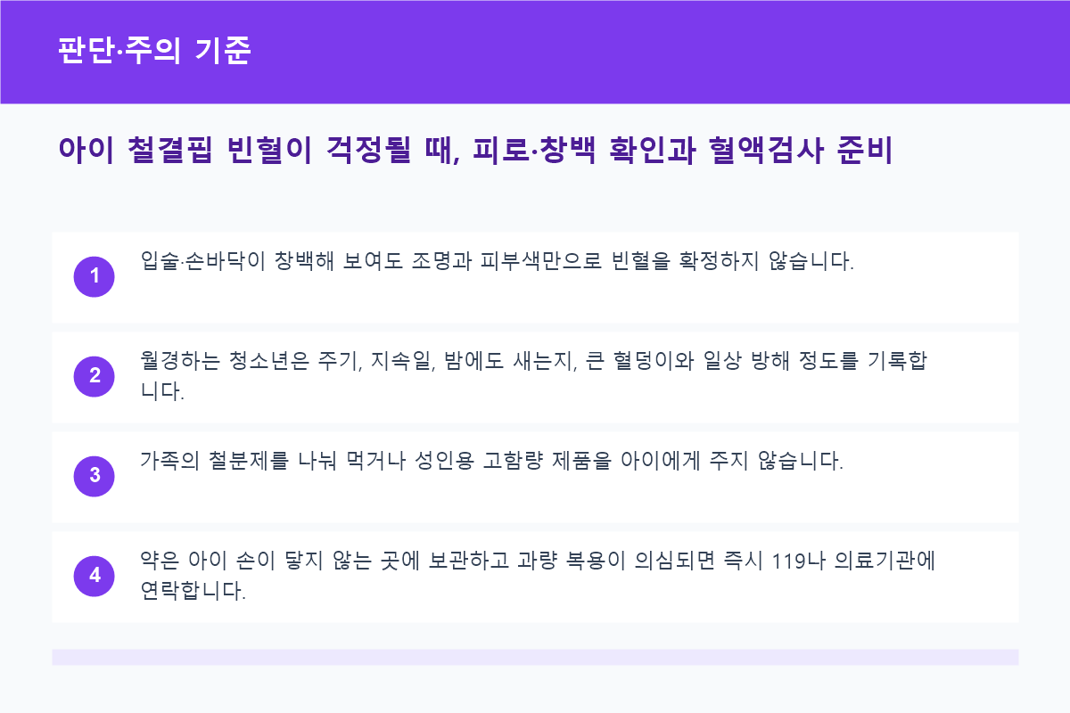 아이 철결핍 빈혈이 걱정될 때, 피로·창백 확인과 혈액검사 준비 판단·주의 기준 정보 이미지