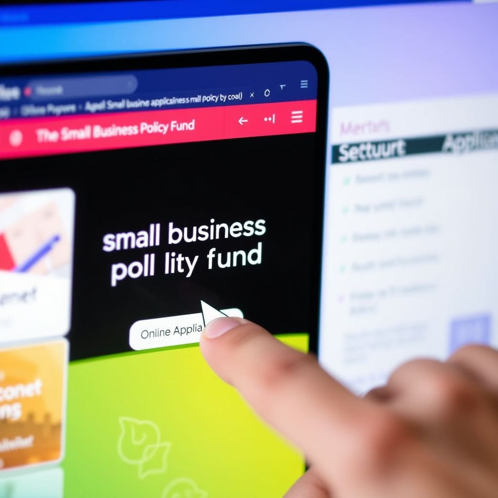 컴퓨터나 스마트폰 화면에 소상공인 정책자금 신청 웹사이트(예: 소상공인정책자금 사이트 가 열려 있고, 마우스 커서나 손가락이 클릭하려는 모습. '온라인 신청'의 편리성을 강조합니다.