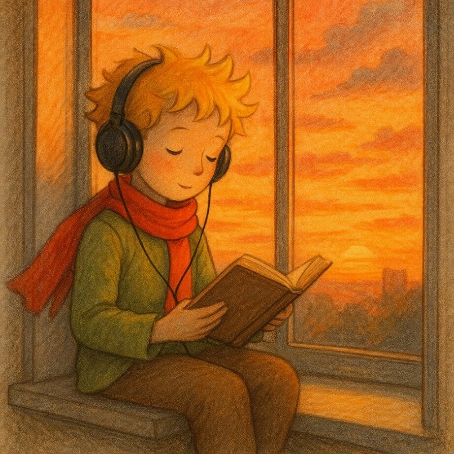 석양에 잔잔한 음악을 들어가면서 독서하는 어린왕자
