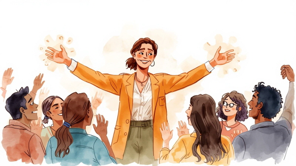 ENFJ는 타인의 감정에 민감하고, 조화를 이루는 데 탁월한 사람입니다. 이들은 주변 사람들을 배려하고, 누군가가 힘들어 보이면 가장 먼저 손을 내미는 따뜻한 리더입니다에 관한 그림입니다