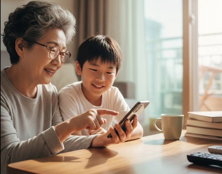 손주한테 스마트폰을 배우는 할머니