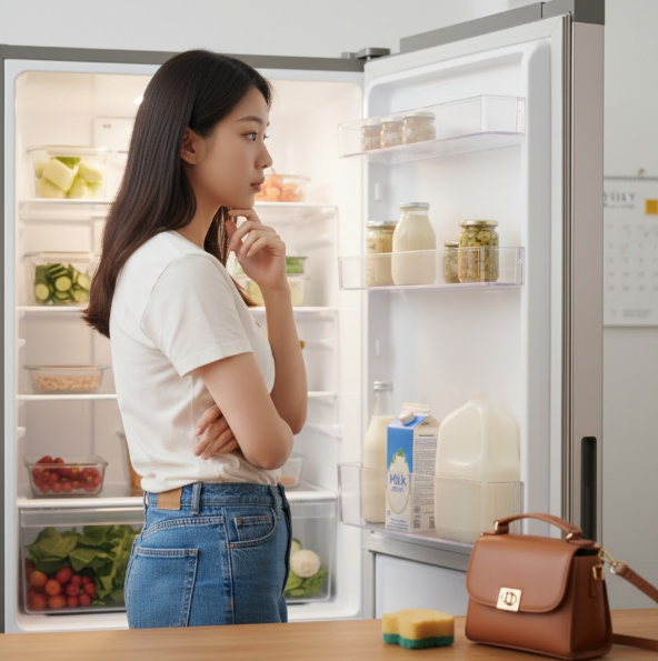냉장고를 열고 유통기한이 지난 밀가루 우유 식빵을 어떻게 재활용할지 고민중인 20대 여성 사진