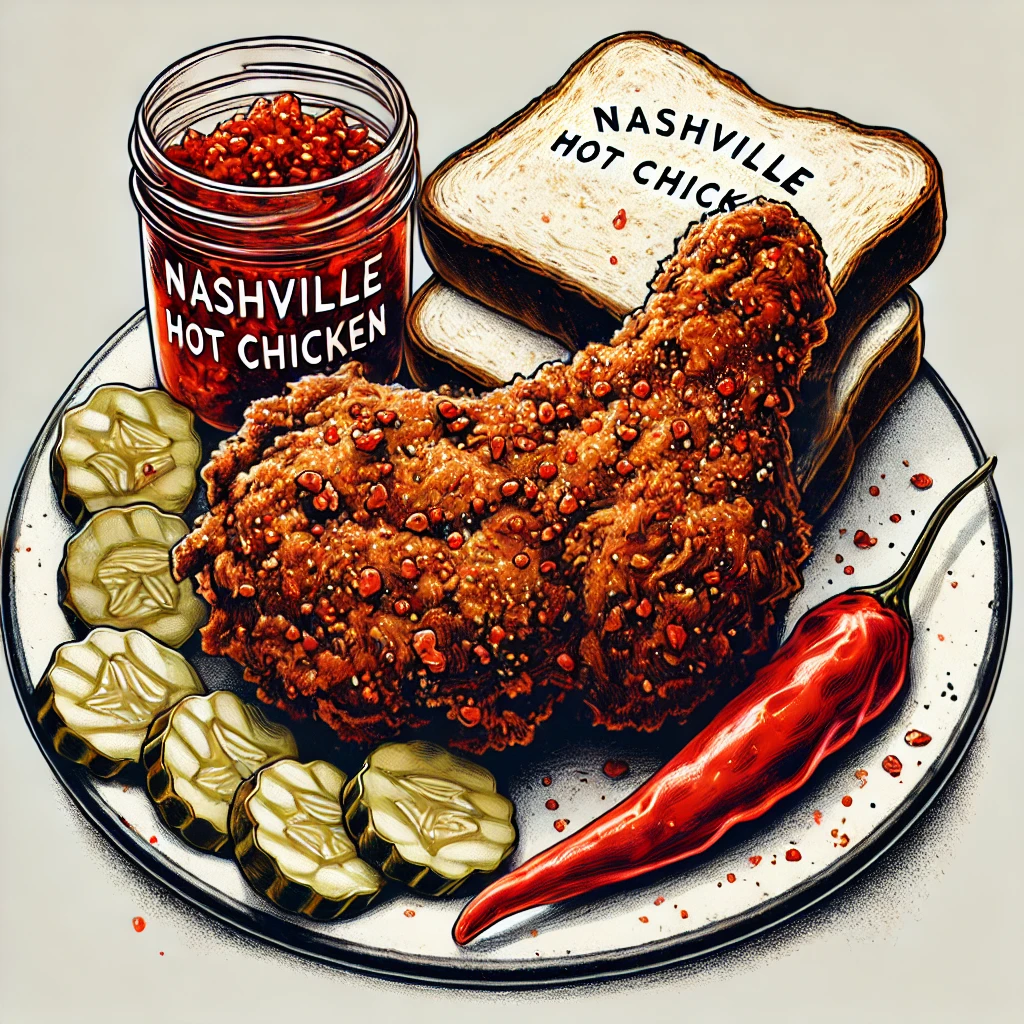 내슈빌 핫 치킨(Nashville Hot Chicken)과 함께 제공되는 식빵과 피클, 매콤한 양념