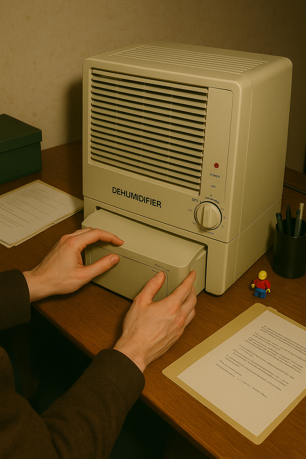 책상 위에 놓인 레트로 스타일 제습기를 조작하는 손의 모습. 서류, 연필꽂이, 미니 피규어가 함께 놓여 있는 실내 인테리어 장면