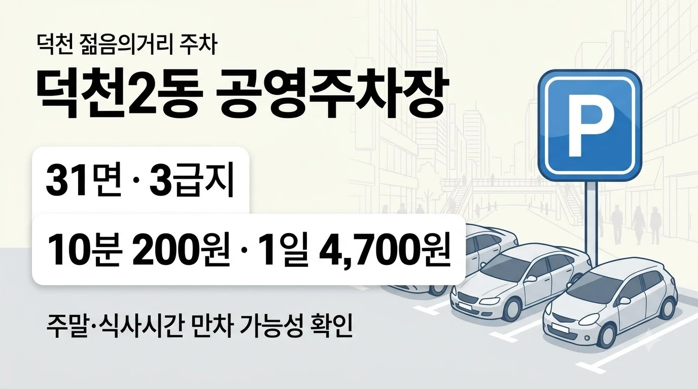 덕천 젊음의거리 방문 시 이용할 수 있는 덕천2동 공영주차장 위치와 요금을 정리한 이미지