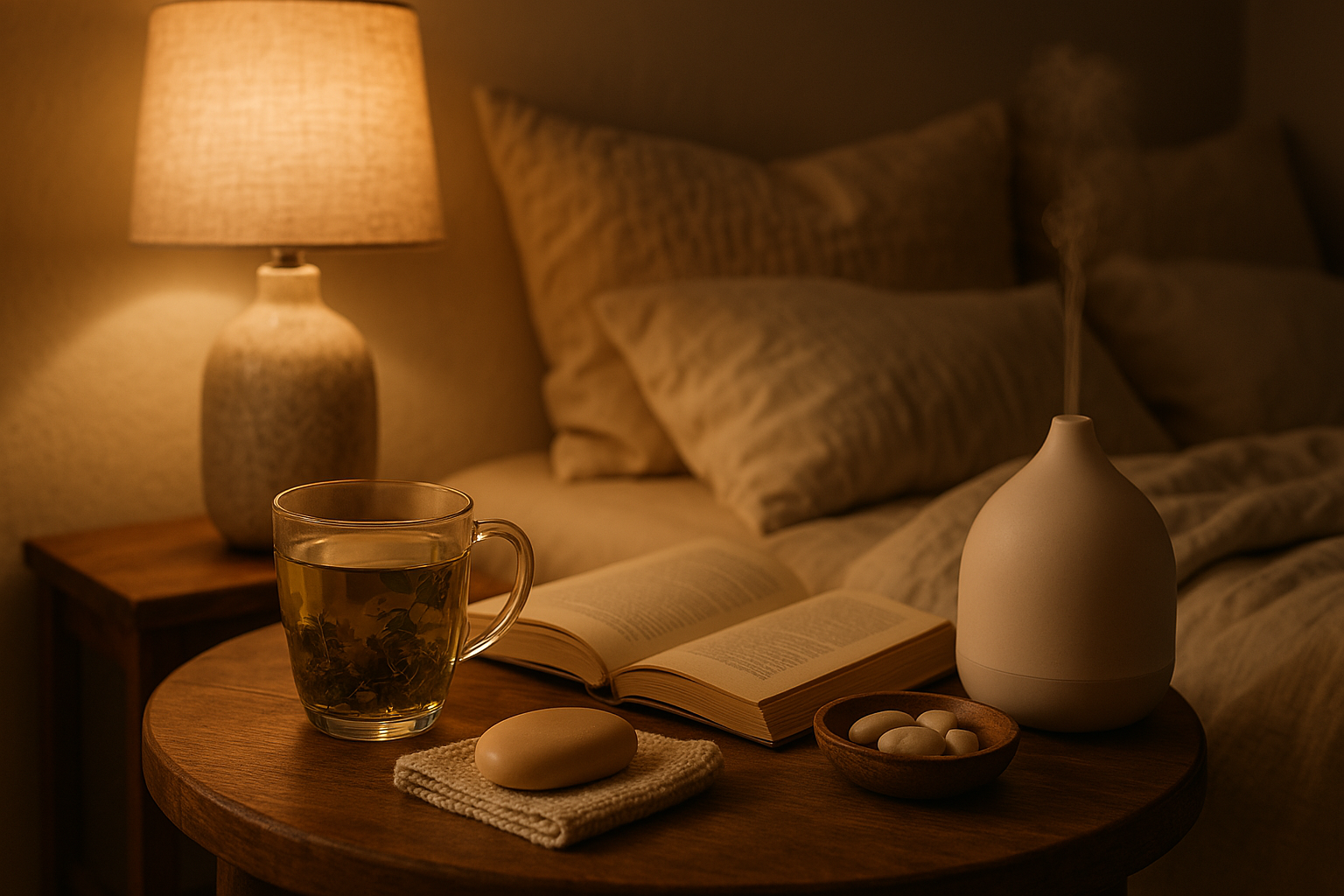 야식 없는 건강한 저녁 루틴이 갖춰진 침실, 허브티와 독서로 평화로운 취침 준비