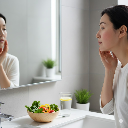 한 중년 여성이 거울을 보며 얼굴의 붉은 기를 확인하는 모습. 옆에는 신선한 채소와 수분이 가득한 물컵이 놓여 있어 건강한 생활 습관을 암시하며, 전반적으로 차분하고 깨끗한 욕실 배경이 안정감을 주는 사진이다.