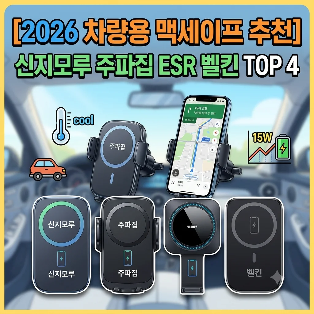 2026 가성비 차량용 맥세이프 무선 충전기 거치대 추천 TOP 4 신지모루 주파집 ESR 벨킨 비교 주말 드라이브 내비 발열 방지 구매 가이드