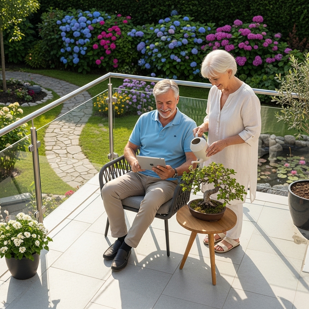 푸른 정원을 배경으로 평화롭게 휴식을 취하는 은퇴 부부, 태블릿을 보거나 식물을 돌보며 여유로운 '제2의 인생'을 즐기는 모습. 재정적 안정과 행복한 노후를 상징합니다.