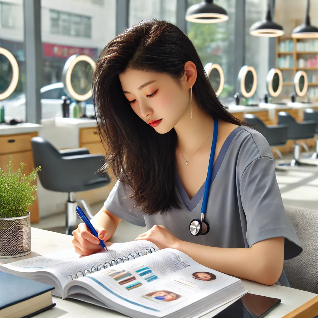 미용사가 미용 자격증 시험 준비를 위해 테이블에 앉아 교과서와 노트, 노트북을 활용해 학습하는 모습. 집중력 있는 학습 환경이 강조됨