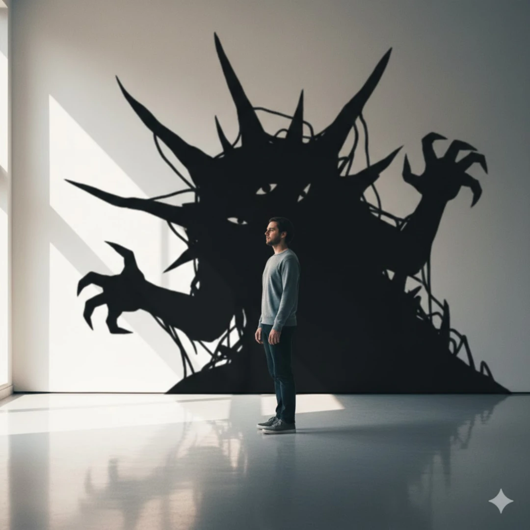 한 사람이 밝은 공간에 서 있지만, 그의 그림자는 기형적으로 크고 왜곡된 형태로 표현되어 있습니다. 이 그림자는 사회적 편견과 오해를 상징하며, 사람 주변을 어둡게 드리우고 있습니다. 인물의 표정은 약간 쓸쓸하거나 사려 깊은 모습으로, 오해 속에서도 자신을 지키려는 의지를 보여줍니다.