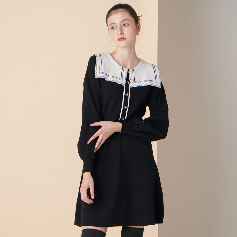 샤틴 카라 배색 디자인 니트원피스 O223T908