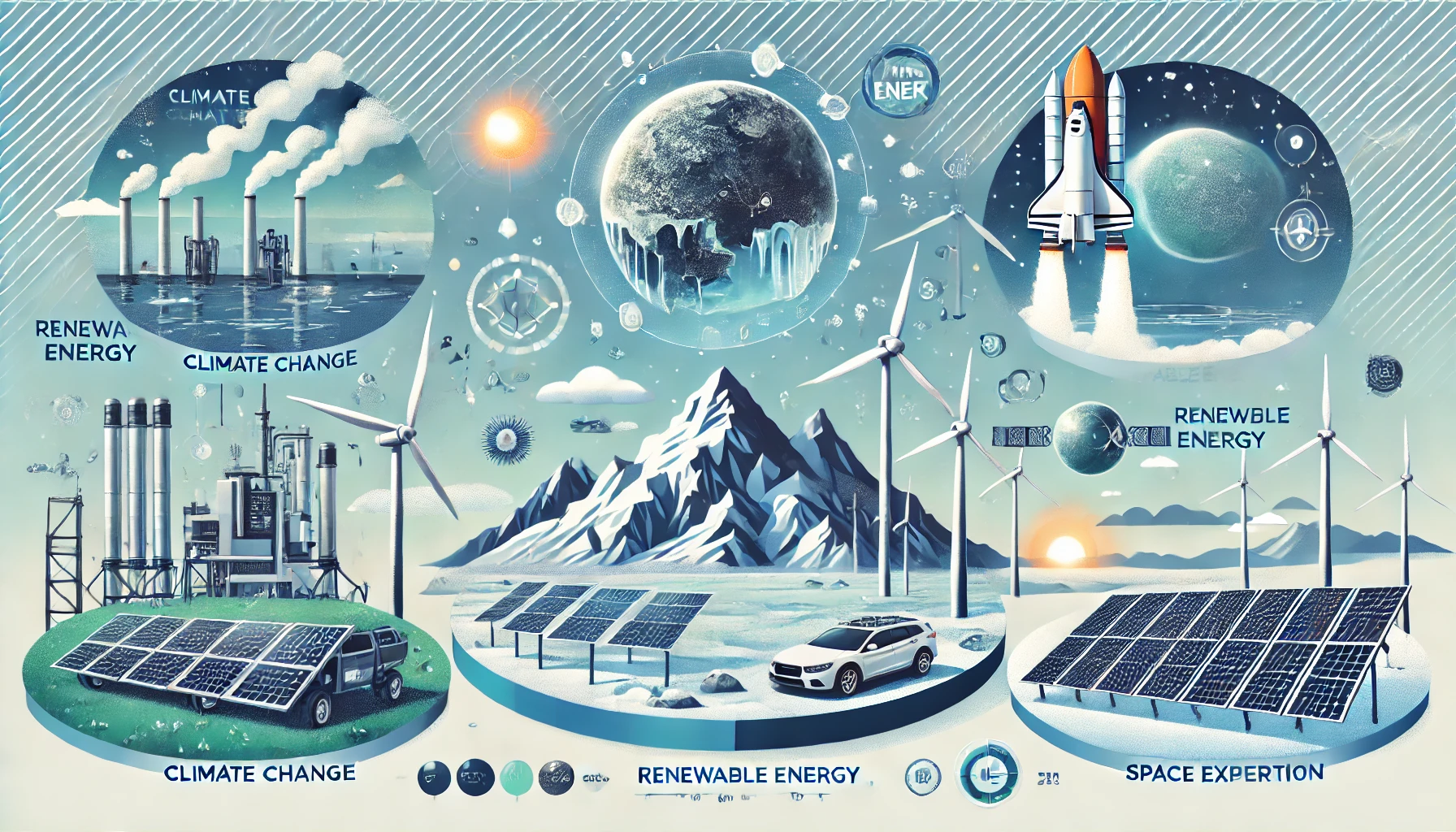 기후 변화, 재생 에너지, 우주 탐사 등의 현대 과학 이슈를 시각화한 인포그래픽