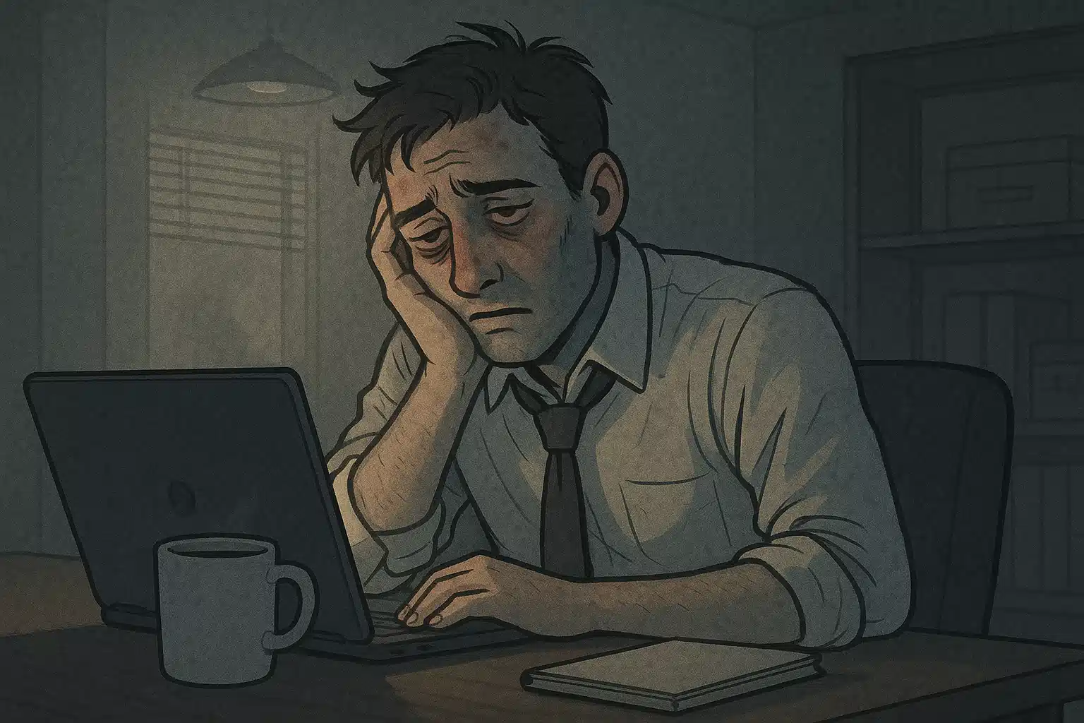 사무실에서 피곤해 보이는 직장인