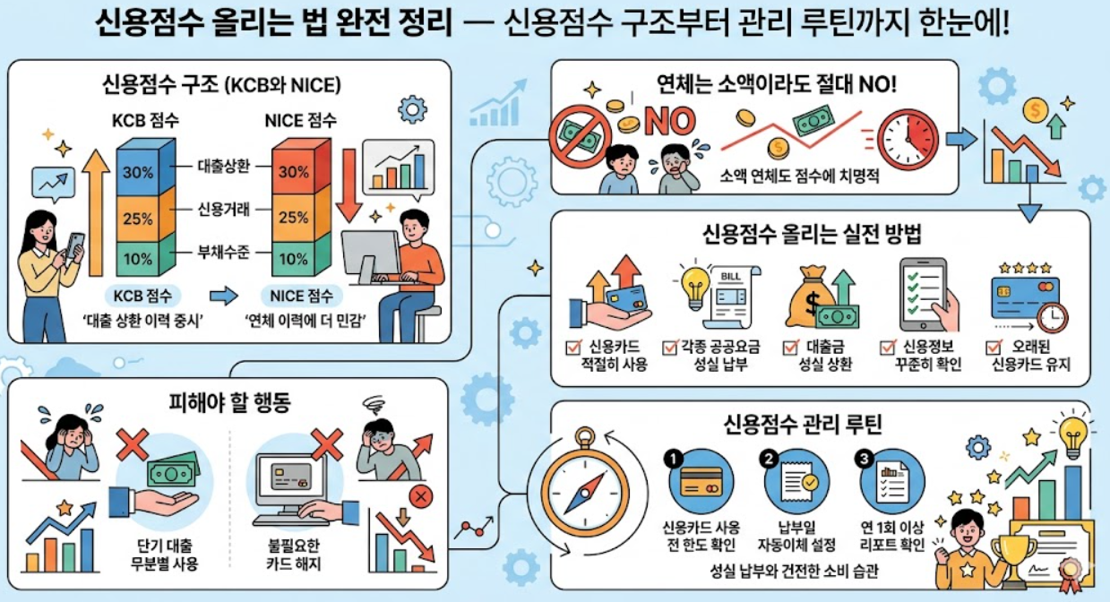 신용점수, KCB, NICE, 연체, 신용점수 올리는 실전 방법, 피해야 할 행동, 관리 루틴