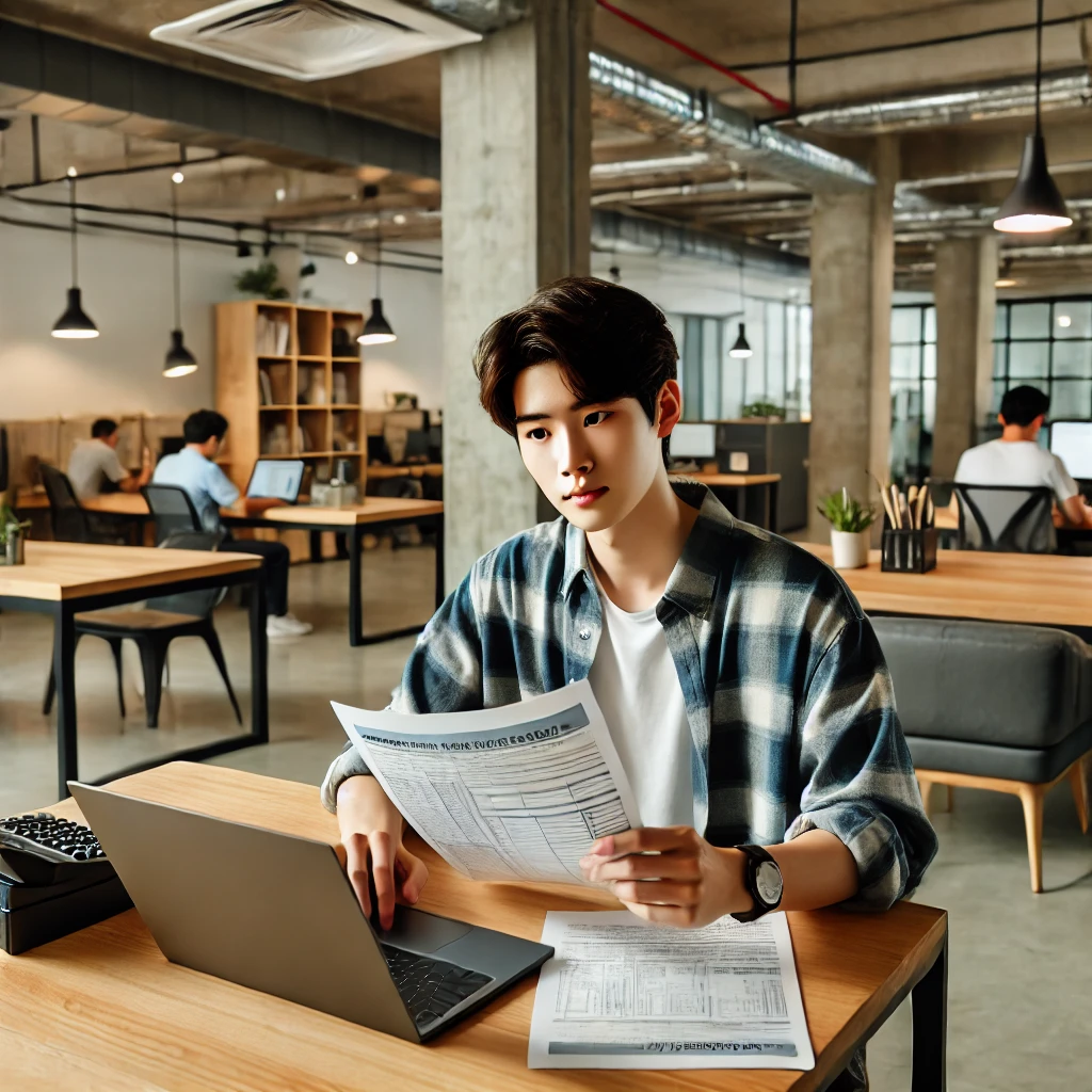 카페에서 2025 개인사업자 종합소득세 신고하는 남성