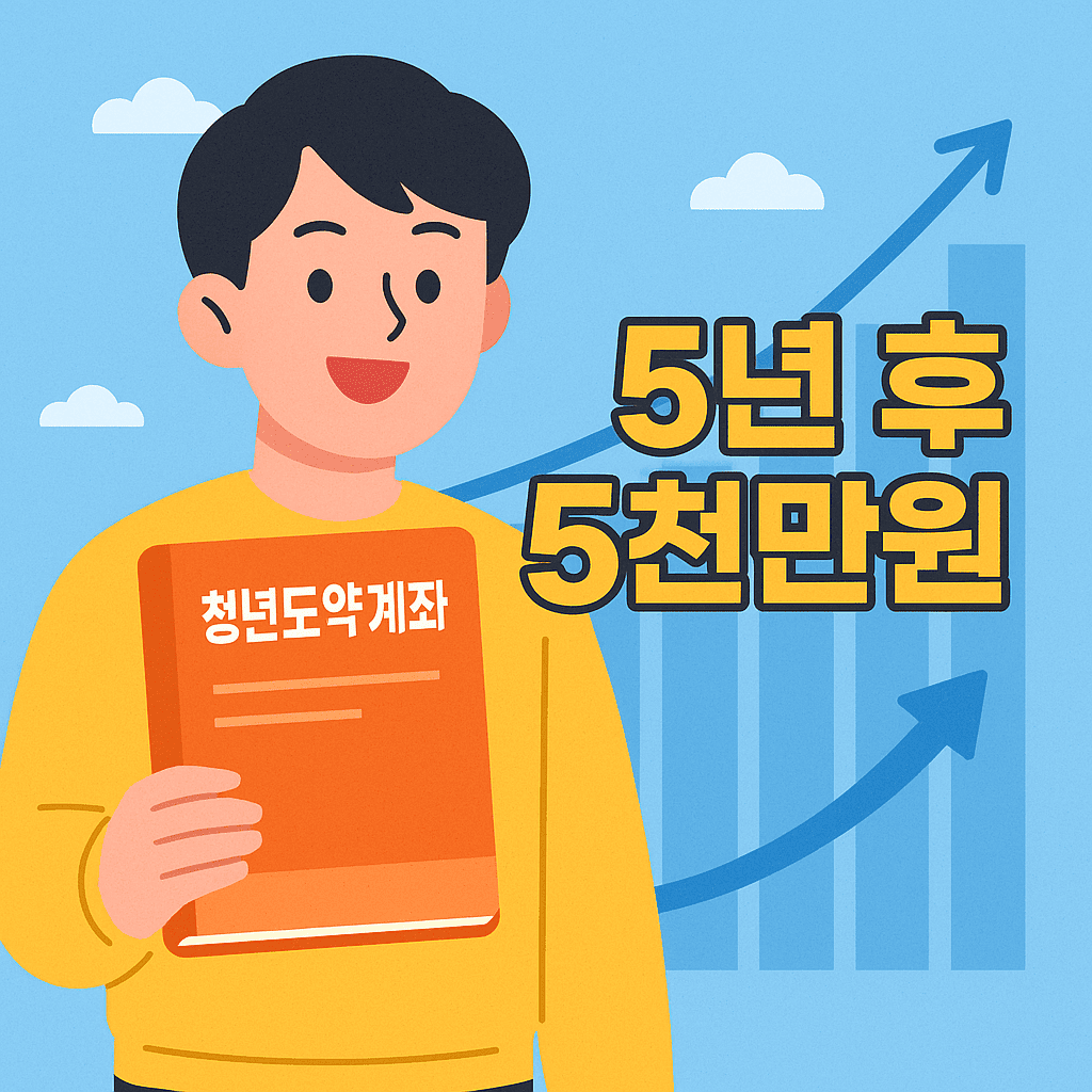 청년도약계좌를 들고 있는 청년 캐릭터가 밝게 웃고 있으며, 배경에는 파란 하늘과 상승 그래프, 오른쪽에는 '5년 후 5천만 원'이라는 노란 글씨가 크게 강조되어 있는 희망적인 분위기의 일러스트.