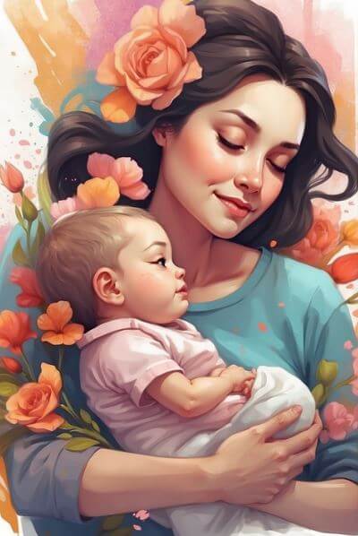 아기를 안고 있는 웃고 있는 엄마의 모습