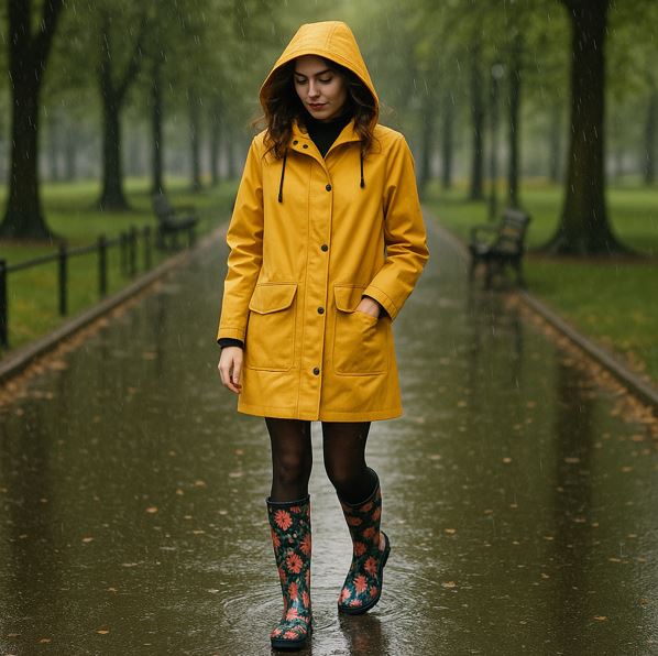 비오는 날 공원에서 예쁜 노란색 우의를 입고 꽃무늬 장화를 신고 걷고있는 여성의 모습