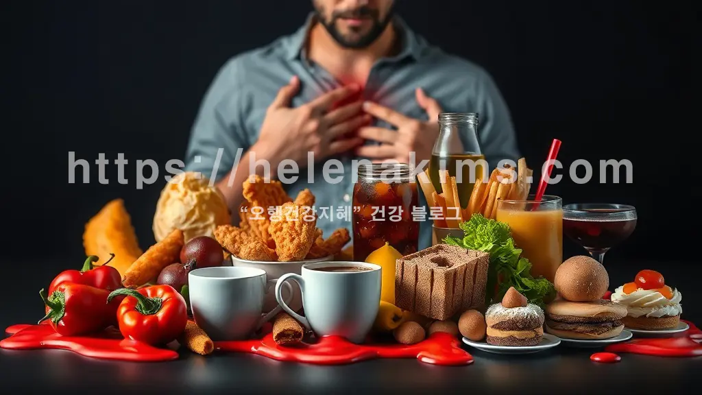 위장 질환으로 괴로워 하는 한 남성 왼편에는 위장질환에 나쁜음식 고추, 튀김 등이 놓여 있고 오른 편에는 싱싱한 채소와 호박죽 등 위장질환에 좋은 음식이 놓여 있는 모습