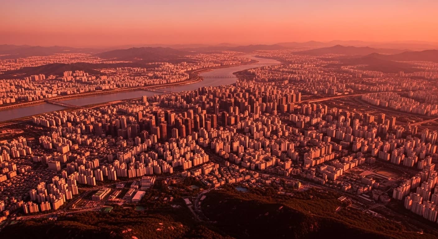 서울 한강변 아파트 단지와 도심 풍경을 담은 일몰 전경. 부동산 규제와 주택 시장의 불안정한 분위기를 상징적으로 나타냄.