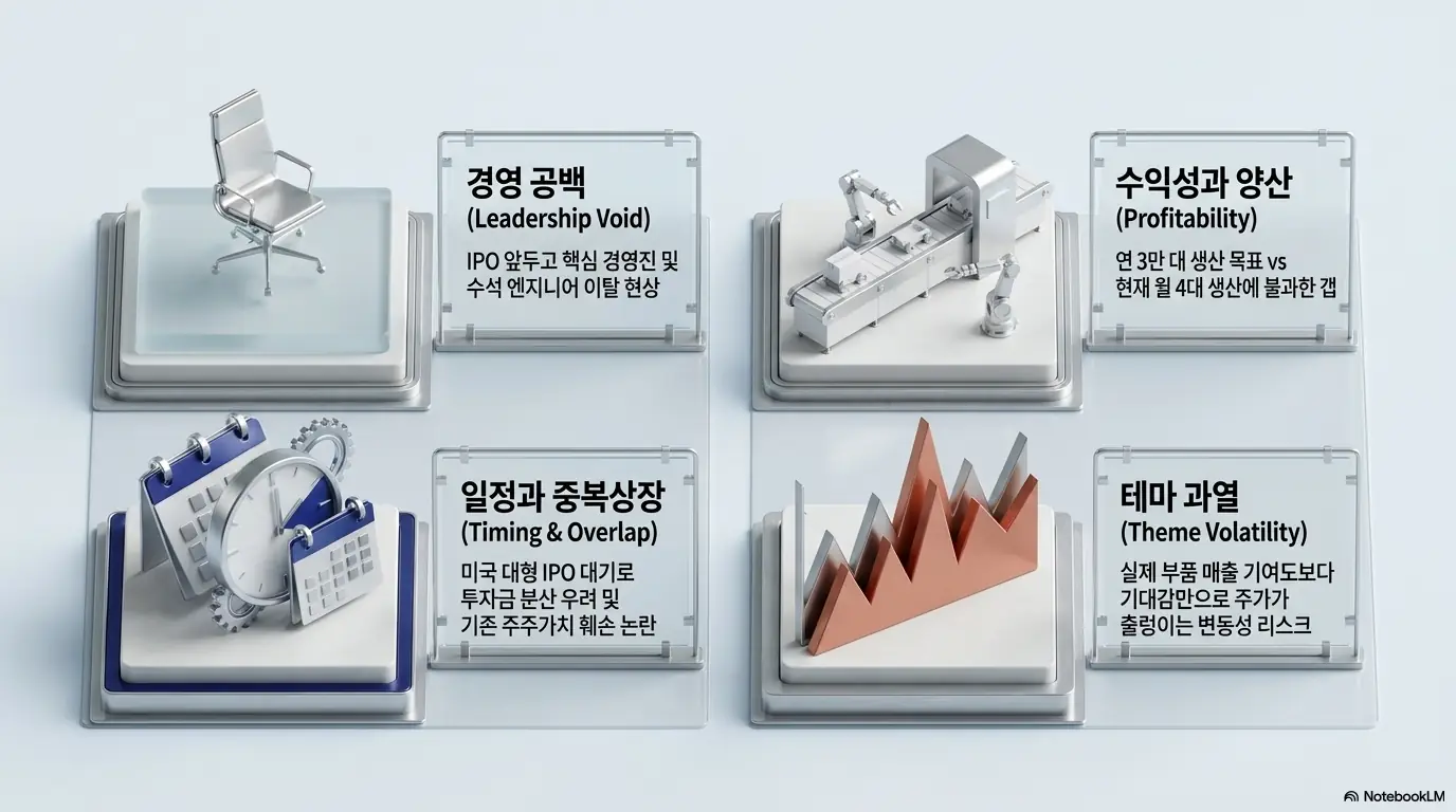 보스턴다이내믹스 상장 리스크를 네 가지로 정리한 이미지. 경영진 이탈에 따른 경영 공백, 연 3만 대 목표와 월 4대 생산의 수익성·양산 격차, 미국 대형 IPO 대기와 중복상장 논란, 테마 과열에 따른 변동성 리스크를 설명함