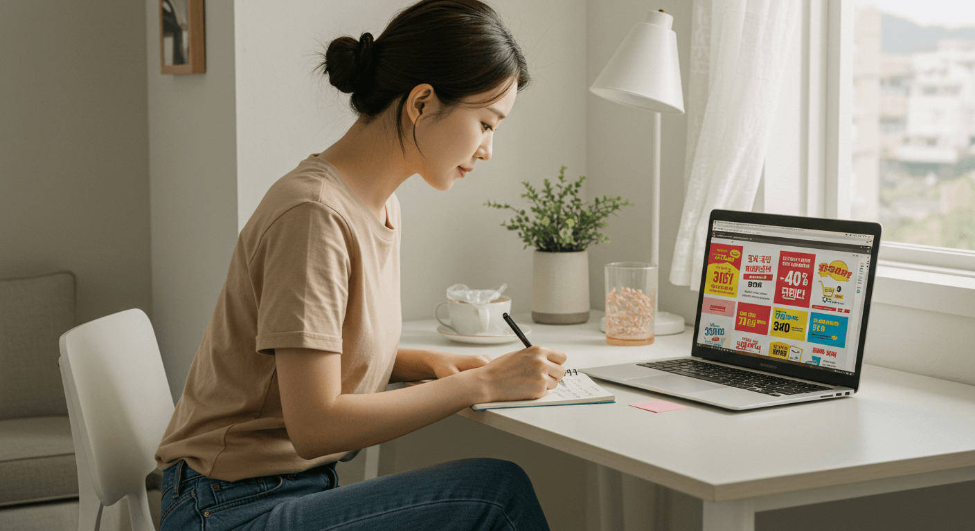 여성이 장보기 목록을 작성하며 온라인 할인행사를 확인하는 모습 2