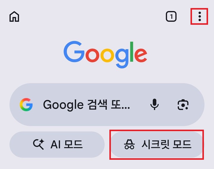 크롬 화면 보임 우측상단에 점 3개 모양 보이고 검색창 하단에 시크릿 모드 메뉴 보임