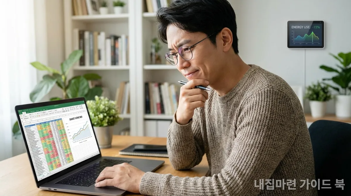 스마트홈 투자 수익률 관련 자료를 진지하게 검토하는 한국 남성