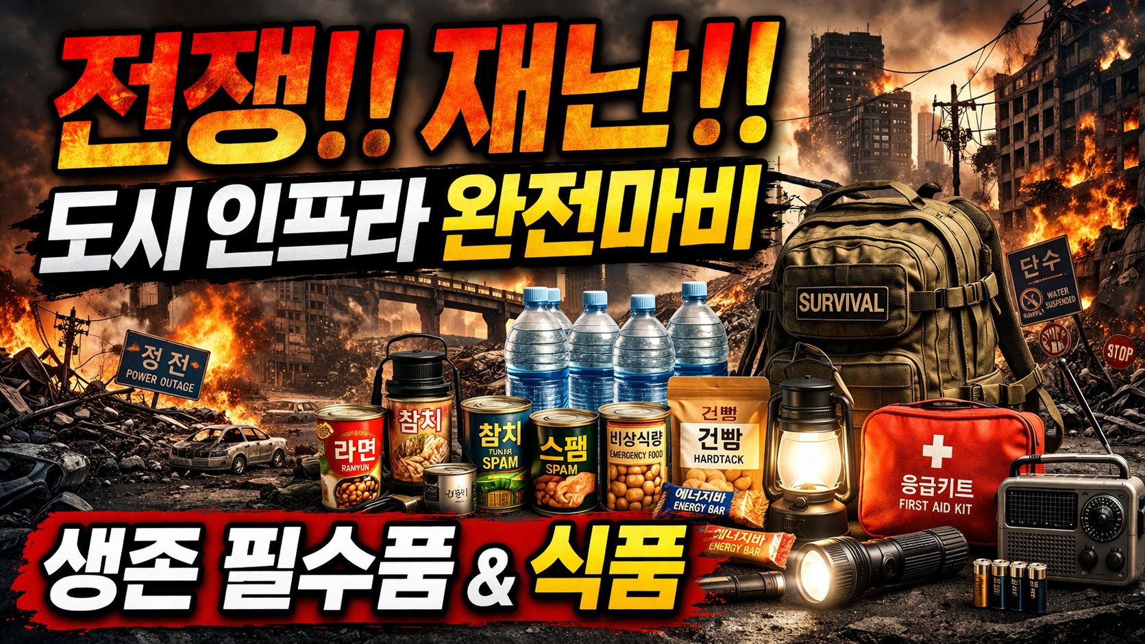 '전쟁!! 재난!! 도시 인프라 완전마비 생존 필수품&amp;식품'
썸네일로 사용할 이미지 만들어줘.