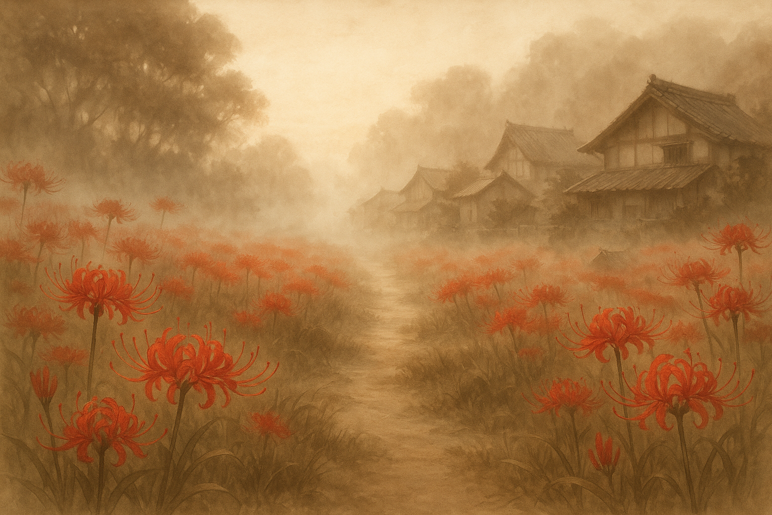 한적한 시골 마을 길을 따라 핀 피안화 일러스트