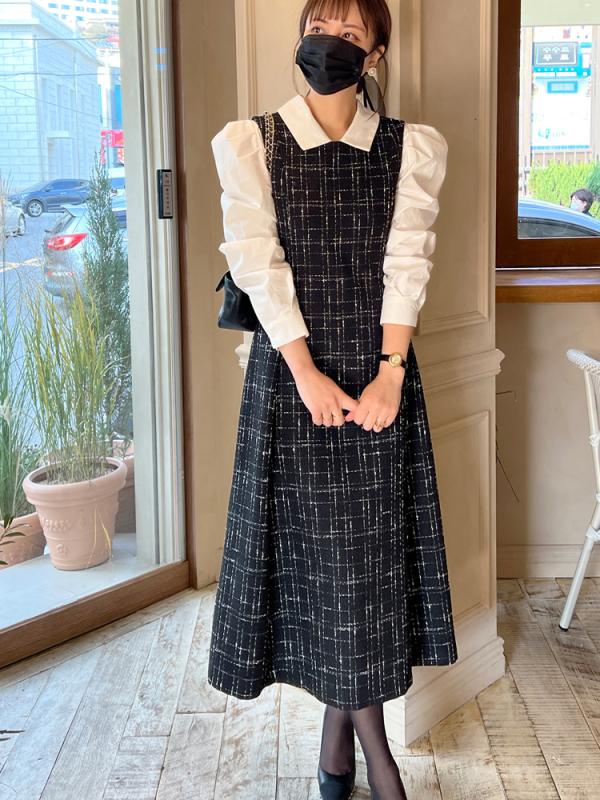 플레어 롱 트위드 원피스 겨울 결혼식 하객룩 오피스룩