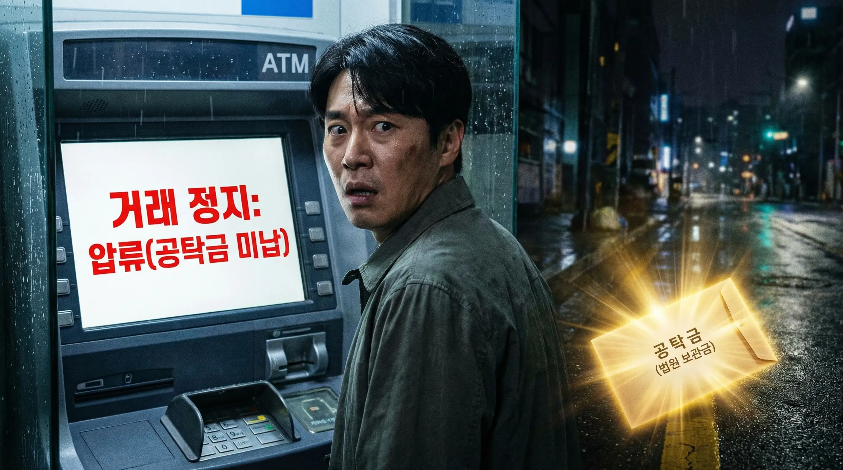 ATM 기기 앞에서 거래 정지 화면을 보고 당황한 사람과 해결책인 공탁금 봉투가 빛나는 이미지