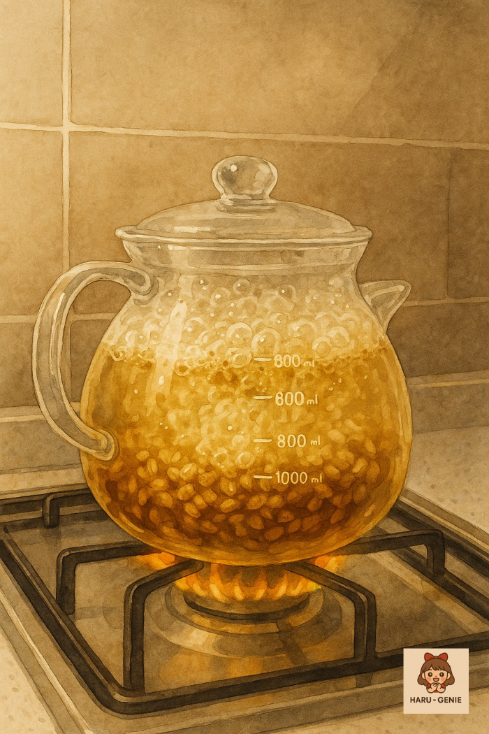 K-Barley tea bubbling in a glass kettle on the stove, warming the kitchen with a nostalgic and cozy scent