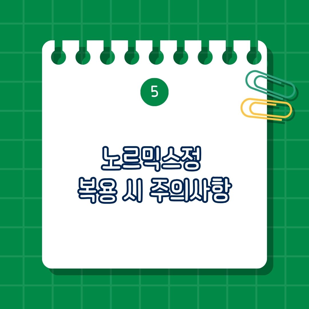 6_노르믹스정 복용 시 주의 사항, 장기간 복용 주의, 임산부 및 수유부 주의, 다른 항생제와 병용 주의, 간 기능 이상 환자 주의
