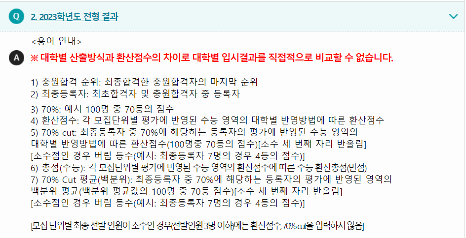 2023학년도 건국대학교 수능위주전형 전형결과 용어안내