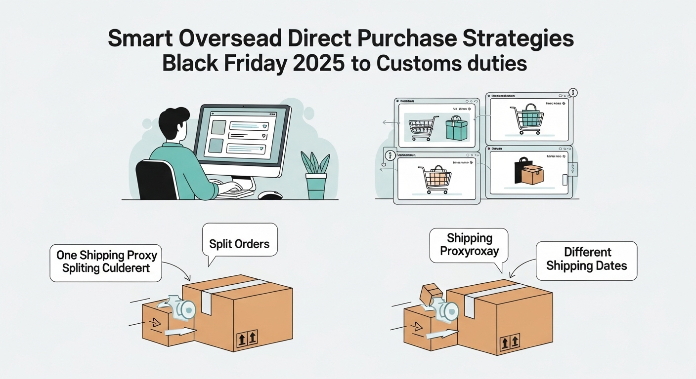 2025년 블랙프라이데이 해외직구 관세를 피하기 위한 스마트 전략 이미지. 여러 쇼핑몰에서 주문 후 배송대행지를 통해 분할 배송하거나 입항일을 조절하는 모습을 시각적으로 표현.