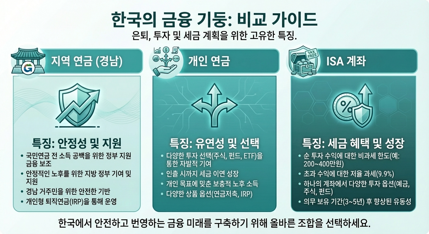 경남도민연금, 개인연금, ISA 계좌 등 다양한 노후 대비책을 비교하는 인포그래픽.