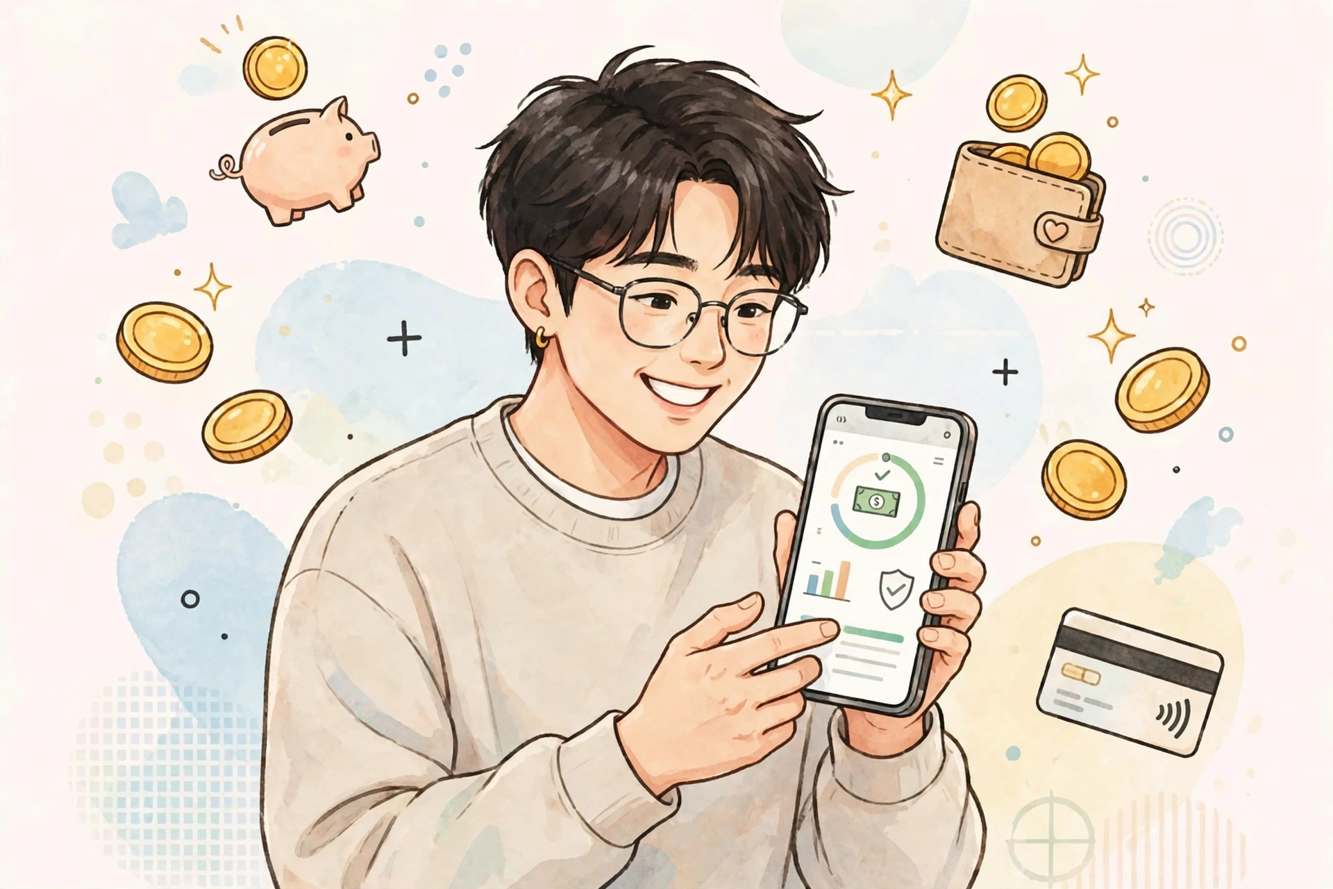 스마트폰으로 모바일 비상금대출 한도를 확인하는 청년 일러스트